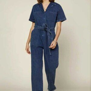 SKIES ARE BLUE DARK DENIM BUTTON FRONT TIE BELT JUMPSUIT MEDIUM